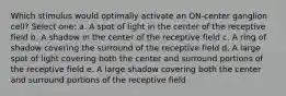 Which stimulus would optimally activate an ON-center ganglion cell? Select one: a. A spot of light in the center of the receptive field b. A shadow in the center of the receptive field c. A ring of shadow covering the surround of the receptive field d. A large spot of light covering both the center and surround portions of the receptive field e. A large shadow covering both the center and surround portions of the receptive field