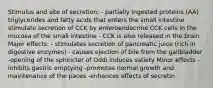 Stimulus and site of secretion; - partially ingested proteins (AA) triglycerides and fatty acids that enters the small intestine stimulate secretion of CCK by enteroendocrine CCK cells in the mucosa of the small intestine - CCK is also released in the brain Major effects: - stimulates secretion of pancreatic juice (rich in digestive enzymes) - causes ejection of bile from the gallbladder -opening of the sphincter of Oddi induces satiety Minor effects -inhibits gastric emptying -promotes normal growth and maintenance of the paces -enhances effects of secretin