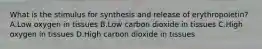 What is the stimulus for synthesis and release of erythropoietin? A.Low oxygen in tissues B.Low carbon dioxide in tissues C.High oxygen in tissues D.High carbon dioxide in tissues