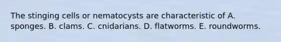 The stinging cells or nematocysts are characteristic of A. sponges. B. clams. C. cnidarians. D. flatworms. E. roundworms.