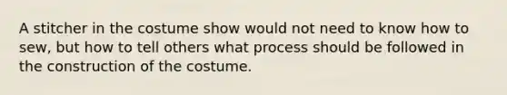 A stitcher in the costume show would not need to know how to sew, but how to tell others what process should be followed in the construction of the costume.