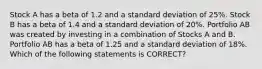 Stock A has a beta of 1.2 and a standard deviation of 25%. Stock B has a beta of 1.4 and a standard deviation of 20%. Portfolio AB was created by investing in a combination of Stocks A and B. Portfolio AB has a beta of 1.25 and a standard deviation of 18%. Which of the following statements is CORRECT?