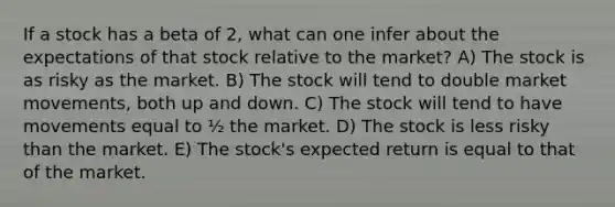 If a stock has a beta of 2, what can one infer about the expectations of that stock relative to the market? A) The stock is as risky as the market. B) The stock will tend to double market movements, both up and down. C) The stock will tend to have movements equal to ½ the market. D) The stock is less risky than the market. E) The stock's expected return is equal to that of the market.