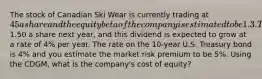 The stock of Canadian Ski Wear is currently trading at 45 a share and the equity beta of the company is estimated to be 1.3. The company is expected to pay a dividend of1.50 a share next year, and this dividend is expected to grow at a rate of 4% per year. The rate on the 10-year U.S. Treasury bond is 4% and you estimate the market risk premium to be 5%. Using the CDGM, what is the company's cost of equity?