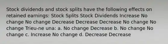 Stock dividends and stock splits have the following effects on retained earnings: Stock Splits Stock Dividends Increase No change No change Decrease Decrease Decrease No change No change Trieu-ne una: a. No change Decrease b. No change No change c. Increase No change d. Decrease Decrease