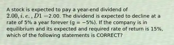 A stock is expected to pay a year-end dividend of 2.00, i.e., D1 =2.00. The dividend is expected to decline at a rate of 5% a year forever (g = −5%). If the company is in equilibrium and its expected and required rate of return is 15%, which of the following statements is CORRECT?