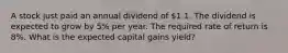 A stock just paid an annual dividend of 1.1. The dividend is expected to grow by 5% per year. The required rate of return is 8%. What is the expected capital gains yield?