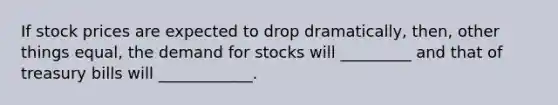 If stock prices are expected to drop dramatically, then, other things equal, the demand for stocks will _________ and that of treasury bills will ____________.