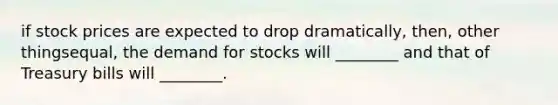 if stock prices are expected to drop dramatically, then, other thingsequal, the demand for stocks will ________ and that of Treasury bills will ________.