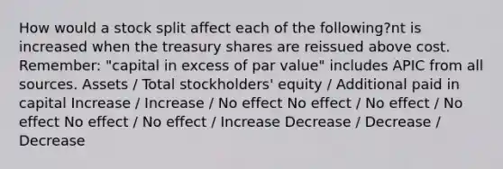 How would a stock split affect each of the following?nt is increased when the treasury shares are reissued above cost. Remember: "capital in excess of par value" includes APIC from all sources. Assets / Total stockholders' equity / Additional paid in capital Increase / Increase / No effect No effect / No effect / No effect No effect / No effect / Increase Decrease / Decrease / Decrease