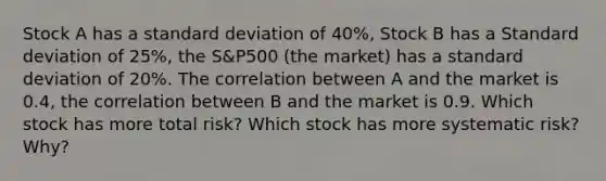 Stock A has a standard deviation of 40%, Stock B has a Standard deviation of 25%, the S&P500 (the market) has a standard deviation of 20%. The correlation between A and the market is 0.4, the correlation between B and the market is 0.9. Which stock has more total risk? Which stock has more systematic risk? Why?