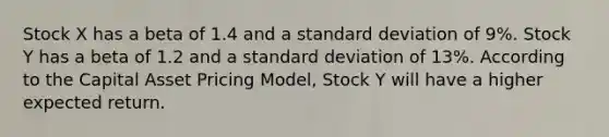 Stock X has a beta of 1.4 and a standard deviation of 9%. Stock Y has a beta of 1.2 and a standard deviation of 13%. According to the Capital Asset Pricing Model, Stock Y will have a higher expected return.