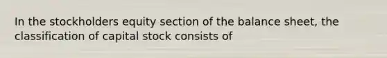 In the stockholders equity section of the balance sheet, the classification of capital stock consists of