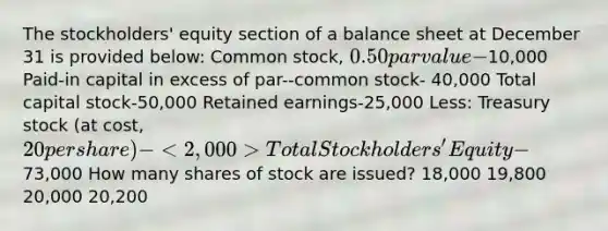 The stockholders' equity section of a balance sheet at December 31 is provided below: Common stock, 0.50 par value-10,000 Paid-in capital in excess of par--common stock- 40,000 Total capital stock-50,000 Retained earnings-25,000 Less: Treasury stock (at cost, 20 per share)- Total Stockholders' Equity-73,000 How many shares of stock are issued? 18,000 19,800 20,000 20,200