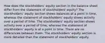 How does the stockholders' equity section in the balance sheet differ from the statement of stockholders' equity? The stockholders' equity section shows balances at a point in time, whereas the statement of stockholders' equity shows activity over a period of time. The stockholders' equity section shows activity over a period of time, whereas the statement of stockholders' equity is at a point in time. There are no differences between them. The stockholders' equity section is more detailed than the statement of stockholders' equity.