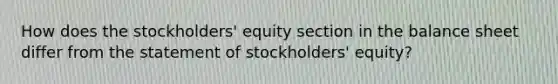 How does the stockholders' equity section in the balance sheet differ from the statement of stockholders' equity?