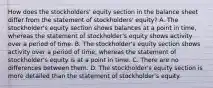 How does the stockholders' equity section in the balance sheet differ from the statement of stockholders' equity? A. The stockholder's equity section shows balances at a point in time, whereas the statement of stockholder's equity shows activity over a period of time. B. The stockholder's equity section shows activity over a period of time, whereas the statement of stockholder's equity is at a point in time. C. There are no differences between them. D. The stockholder's equity section is more detailed than the statement of stockholder's equity.