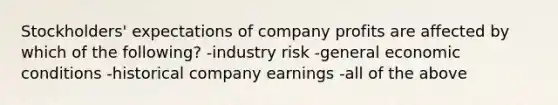 Stockholders' expectations of company profits are affected by which of the following? -industry risk -general economic conditions -historical company earnings -all of the above