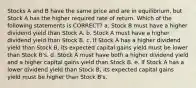 Stocks A and B have the same price and are in equilibrium, but Stock A has the higher required rate of return. Which of the following statements is CORRECT? a. Stock B must have a higher dividend yield than Stock A. b. Stock A must have a higher dividend yield than Stock B. c. If Stock A has a higher dividend yield than Stock B, its expected capital gains yield must be lower than Stock B's. d. Stock A must have both a higher dividend yield and a higher capital gains yield than Stock B. e. If Stock A has a lower dividend yield than Stock B, its expected capital gains yield must be higher than Stock B's.