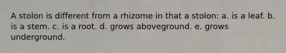 A stolon is different from a rhizome in that a stolon: a. is a leaf. b. is a stem. c. is a root. d. grows aboveground. e. grows underground.