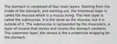 The stomach is composed of four main layers. Starting from the inside of the stomach, and working out, the innermost layer is called the mucosa which is a mucus lining. The next layer is called the submucosa. It is the same as the mucosa, but it is outside of it. The submucosa is surrounded by the muscularis, a layer of muscle that moves and churns the stomach contents. The outermost layer, the serosa is the a protective wrapping for the stomach.