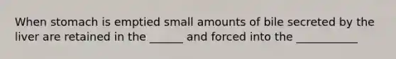 When stomach is emptied small amounts of bile secreted by the liver are retained in the ______ and forced into the ___________