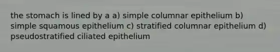 <a href='https://www.questionai.com/knowledge/kLccSGjkt8-the-stomach' class='anchor-knowledge'>the stomach</a> is lined by a a) simple columnar epithelium b) simple squamous epithelium c) stratified columnar epithelium d) pseudostratified ciliated epithelium