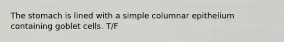 <a href='https://www.questionai.com/knowledge/kLccSGjkt8-the-stomach' class='anchor-knowledge'>the stomach</a> is lined with a simple columnar epithelium containing goblet cells. T/F