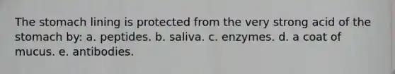 The stomach lining is protected from the very strong acid of the stomach by:​ a. ​peptides. b. ​saliva. c. ​enzymes. d. ​a coat of mucus. e. ​antibodies.