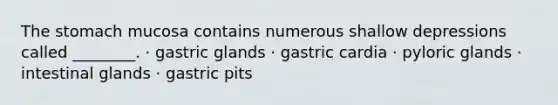 The stomach mucosa contains numerous shallow depressions called ________. · gastric glands · gastric cardia · pyloric glands · intestinal glands · gastric pits