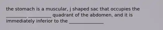 the stomach is a muscular, j shaped sac that occupies the _________ __________ quadrant of the abdomen, and it is immediately inferior to the _______________