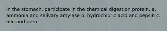 In the stomach, participate in the chemical digestion protein. a. ammonia and salivary amylase b. hydrochloric acid and pepsin c. bile and urea