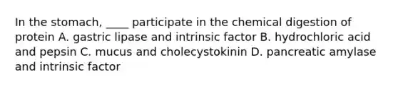 In <a href='https://www.questionai.com/knowledge/kLccSGjkt8-the-stomach' class='anchor-knowledge'>the stomach</a>, ____ participate in the chemical digestion of protein A. gastric lipase and intrinsic factor B. hydrochloric acid and pepsin C. mucus and cholecystokinin D. pancreatic amylase and intrinsic factor