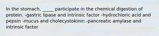 In <a href='https://www.questionai.com/knowledge/kLccSGjkt8-the-stomach' class='anchor-knowledge'>the stomach</a>, _____ participate in the chemical digestion of protein. -gastric lipase and intrinsic factor -hydrochloric acid and pepsin -mucus and cholecystokinin -pancreatic amylase and intrinsic factor