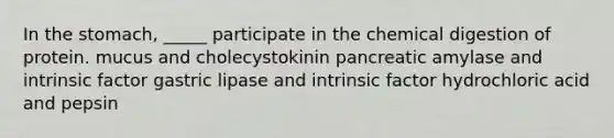 In the stomach, _____ participate in the chemical digestion of protein. mucus and cholecystokinin pancreatic amylase and intrinsic factor gastric lipase and intrinsic factor hydrochloric acid and pepsin