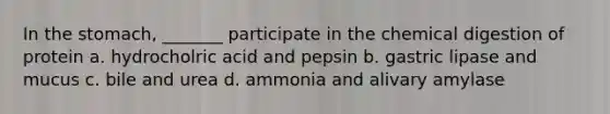 In the stomach, _______ participate in the chemical digestion of protein a. hydrocholric acid and pepsin b. gastric lipase and mucus c. bile and urea d. ammonia and alivary amylase