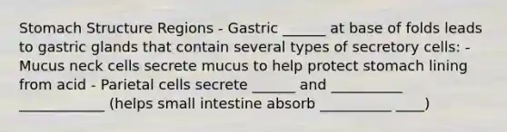 Stomach Structure Regions - Gastric ______ at base of folds leads to gastric glands that contain several types of secretory cells: - Mucus neck cells secrete mucus to help protect stomach lining from acid - Parietal cells secrete ______ and __________ ____________ (helps small intestine absorb __________ ____)