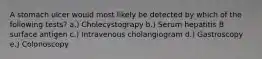 A stomach ulcer would most likely be detected by which of the following tests? a.) Cholecystograpy b.) Serum hepatitis B surface antigen c.) Intravenous cholangiogram d.) Gastroscopy e.) Colonoscopy