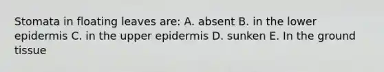 Stomata in floating leaves are: A. absent B. in the lower epidermis C. in the upper epidermis D. sunken E. In the ground tissue