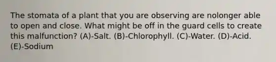 The stomata of a plant that you are observing are nolonger able to open and close. What might be off in the guard cells to create this malfunction? (A)-Salt. (B)-Chlorophyll. (C)-Water. (D)-Acid. (E)-Sodium