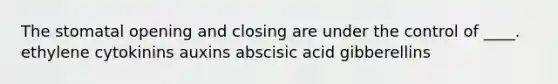 The stomatal opening and closing are under the control of ____. ethylene cytokinins auxins abscisic acid gibberellins