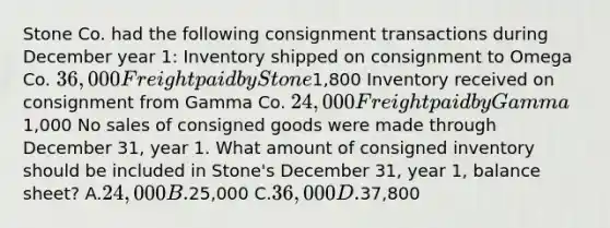 Stone Co. had the following consignment transactions during December year 1: Inventory shipped on consignment to Omega Co. 36,000 Freight paid by Stone1,800 Inventory received on consignment from Gamma Co. 24,000 Freight paid by Gamma1,000 No sales of consigned goods were made through December 31, year 1. What amount of consigned inventory should be included in Stone's December 31, year 1, balance sheet? A.24,000 B.25,000 C.36,000 D.37,800