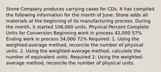 Stone Company produces carrying cases for CDs. It has compiled the following information for the month of June: Stone adds all materials at the beginning of its manufacturing process. During the month, it started 106,000 units. Physical Percent Complete Units for Conversion Beginning work in process 42,000 57% Ending work in process 34,000 72% Required: 1. Using the weighted-average method, reconcile the number of physical units. 2. Using the weighted-average method, calculate the number of equivalent units. Required 1: Using the weighted-average method, reconcile the number of physical units.