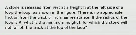 A stone is released from rest at a height h at the left side of a loop-the-loop, as shown in the figure. There is no appreciable friction from the track or from air resistance. If the radius of the loop is R, what is the minimum height h for which the stone will not fall off the track at the top of the loop?