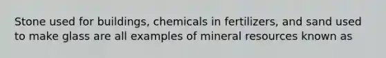 Stone used for buildings, chemicals in fertilizers, and sand used to make glass are all examples of mineral resources known as