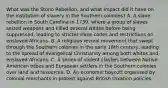 What was the Stono Rebellion, and what impact did it have on the institution of slavery in the Southern colonies? A. A slave rebellion in South Carolina in 1739, where a group of slaves seized weapons and killed several whites before being suppressed, leading to stricter slave codes and restrictions on enslaved Africans. B. A religious revival movement that swept through the Southern colonies in the early 18th century, leading to the spread of evangelical Christianity among both whites and enslaved Africans. C. A series of violent clashes between Native American tribes and European settlers in the Southern colonies over land and resources. D. An economic boycott organized by colonial merchants in protest against British taxation policies.