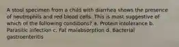 A stool specimen from a child with diarrhea shows the presence of neutrophils and red blood cells. This is most suggestive of which of the following conditions? a. Protein intolerance b. Parasitic infection c. Fat malabsorption d. Bacterial gastroenteritis