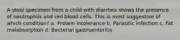 A stool specimen from a child with diarrhea shows the presence of neutrophils and red blood cells. This is most suggestive of which condition? a. Protein intolerance b. Parasitic infection c. Fat malabsorption d. Bacterial gastroenteritis