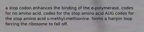 a stop codon enhances the binding of the e-polymerase. codes for no amino acid. codes for the stop amino acid AUG codes for the stop amino acid s-methyl-methionine. forms a hairpin loop forcing the ribosome to fall off.