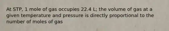 At STP, 1 mole of gas occupies 22.4 L; the volume of gas at a given temperature and pressure is directly proportional to the number of moles of gas